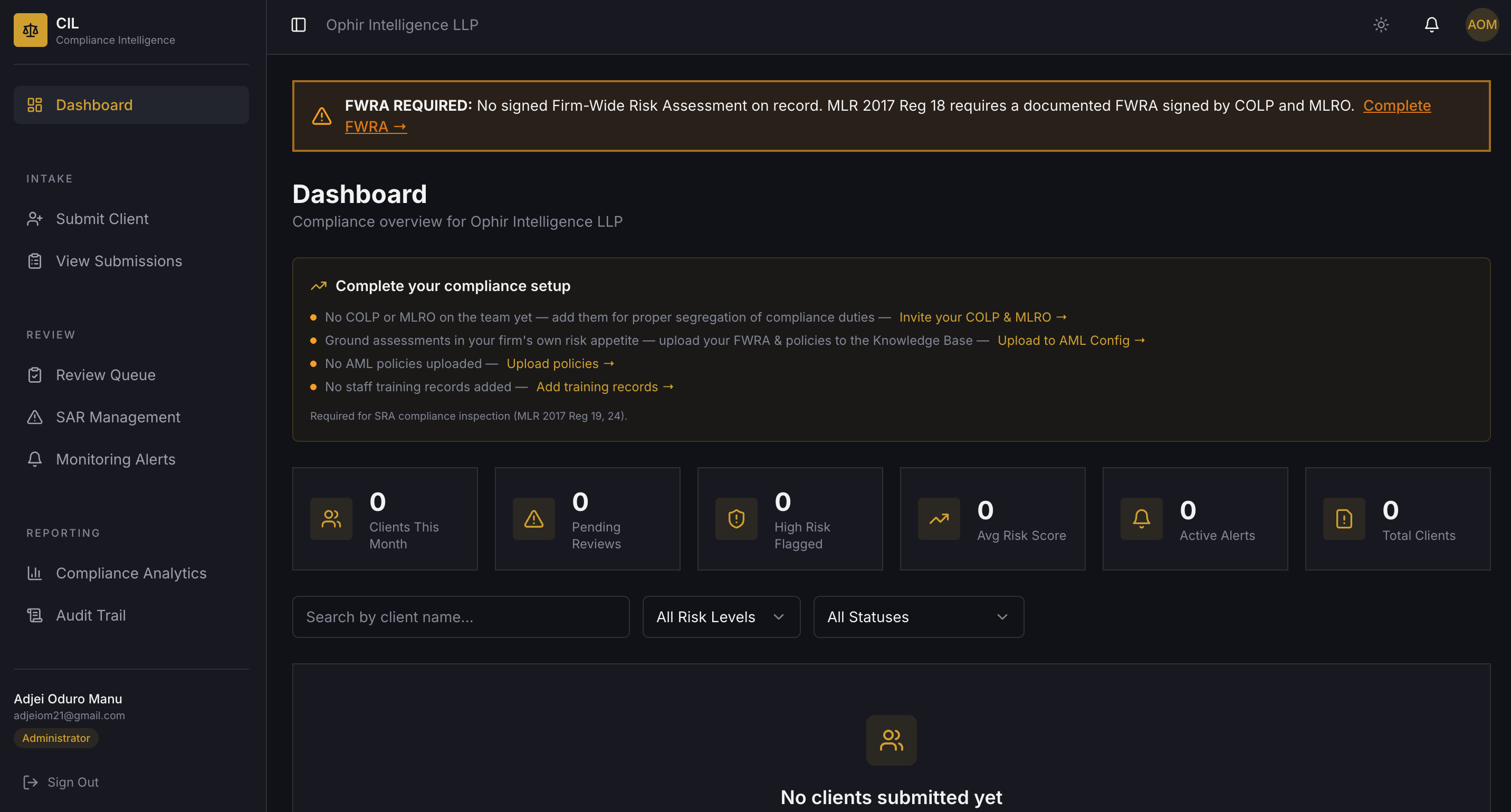 CIL compliance dashboard: firm-wide risk assessment prompts, client intake, review queue and risk metrics.